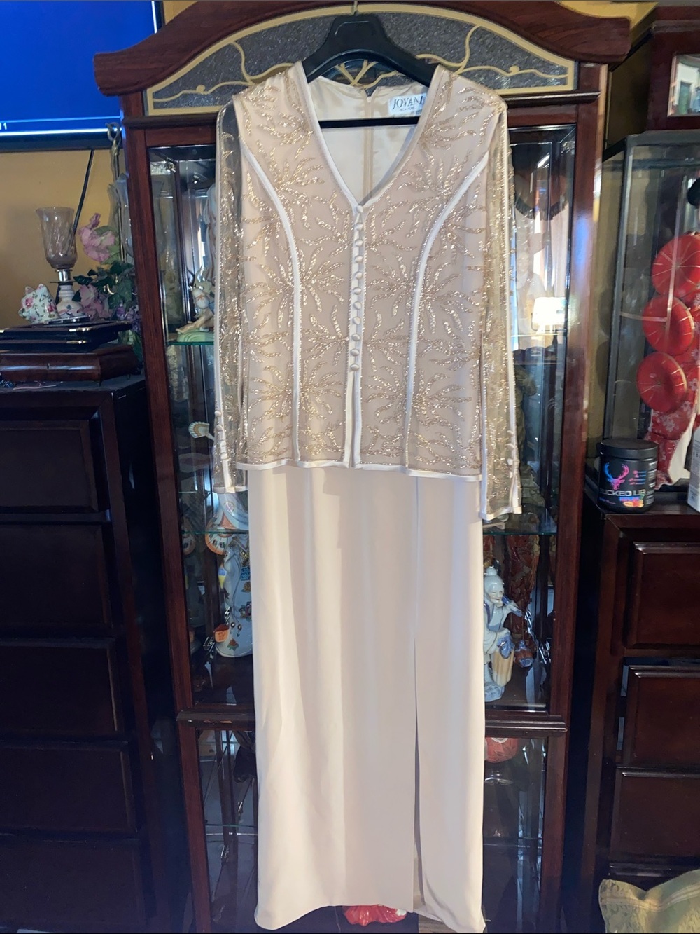 Jovani size 12 Beaded Long Sleeve one-Piece Dress in Champagne